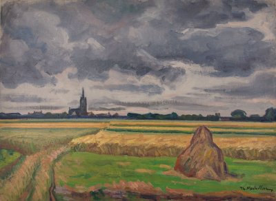 Dutch Landscape, Wheat Field, Cloudy Sky — Oil painting, Canvas, 60.00×81.00cm — Theodoros Markellos